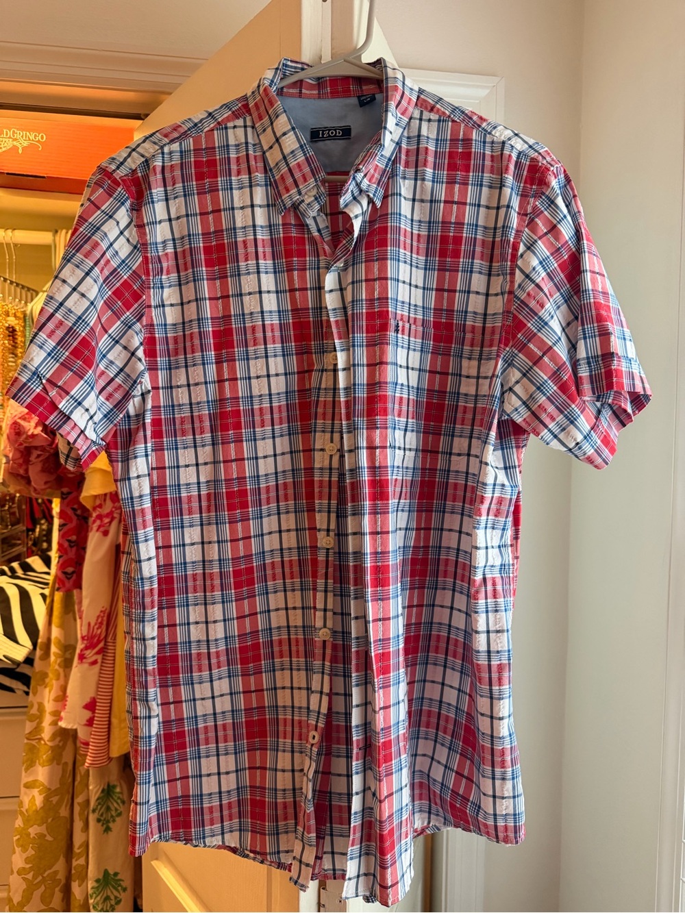 Izod Red, White & Blue Plaid Short-Sleeve Button-Down Shirt
